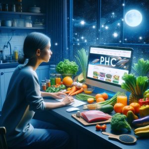 An AI-generated image of a woman looking at the PHC website. She is surrounded by healthy food. It is night time and there is a moon outside the window.