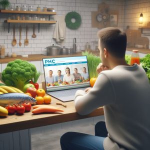 An AI-generated image of a man looking at the PHC website. He is surrounded by healthy food in his kitchen.