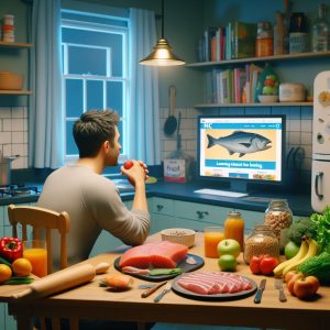 AI-generated image of a man looking at the PHC website surrounded by healthy food.