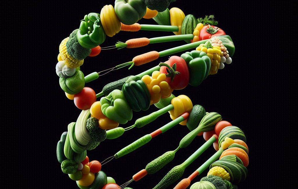 
A AI-generated image of a simple DNA helix against a black background. The nodes on the helix are vegetables

A simple DNA helix against a black background to illustrate nutritional genetics. The nodes on the helix are vegetables